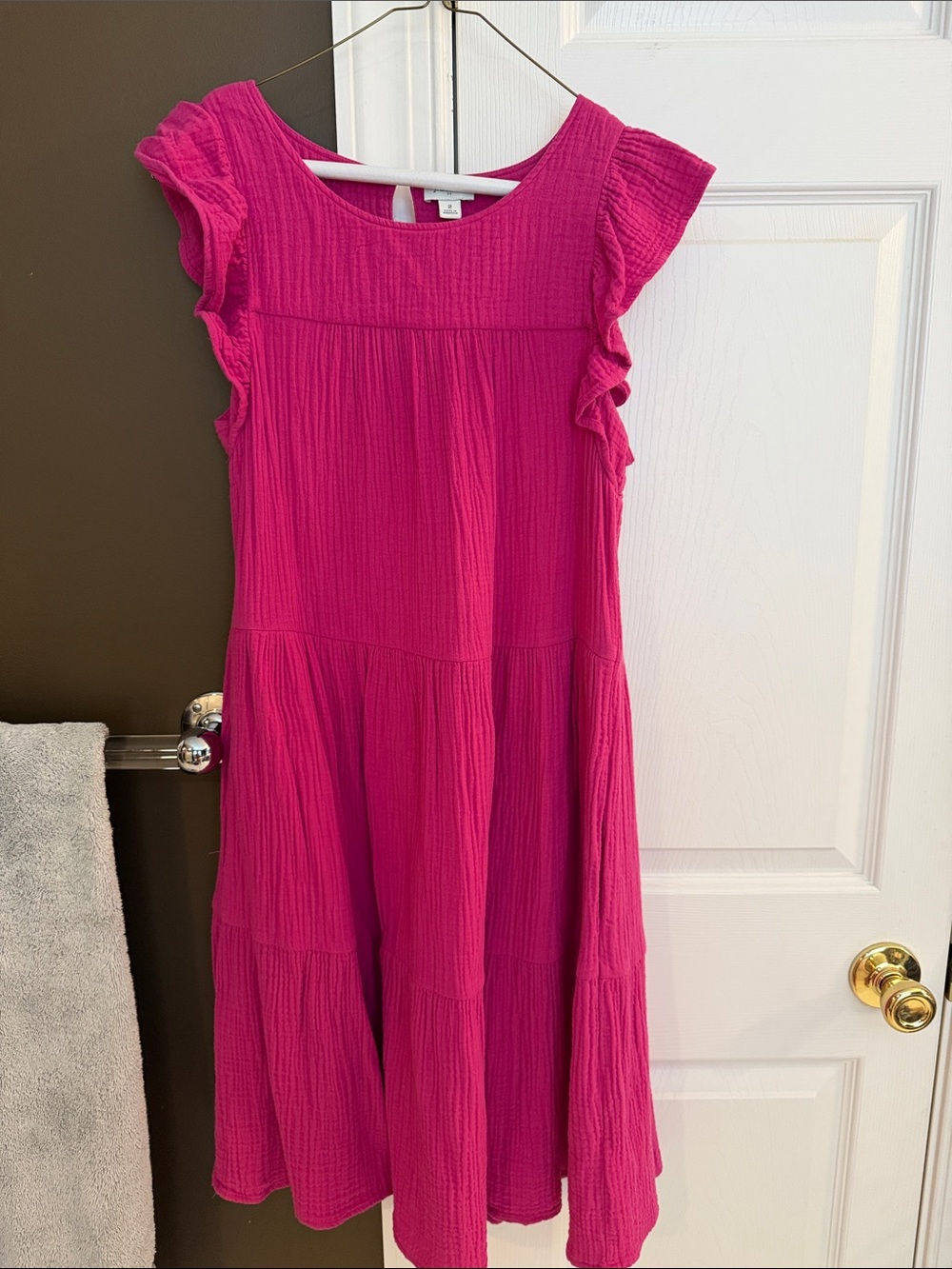 J. Crew Bright Pink Ruffle Sleeve Tiered Dress